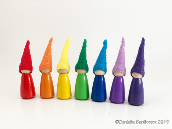 Waldorf and Montessori Inspired Rainbow Gnomes/Peg Dolls (Red, Orange, Yellow, Green, Blue, Indigo, Violet)