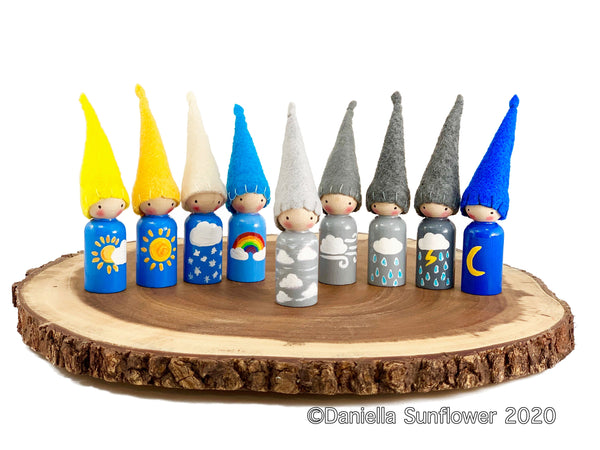 Waldorf/Montessori Inspired Weather Gnome Peg Dolls