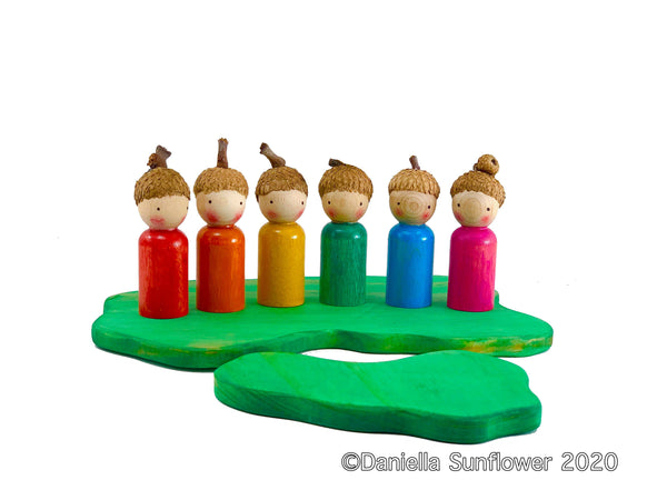 Waldorf and Montessori Inspired Acorn Rainbow Water Color Washed Peg Dolls