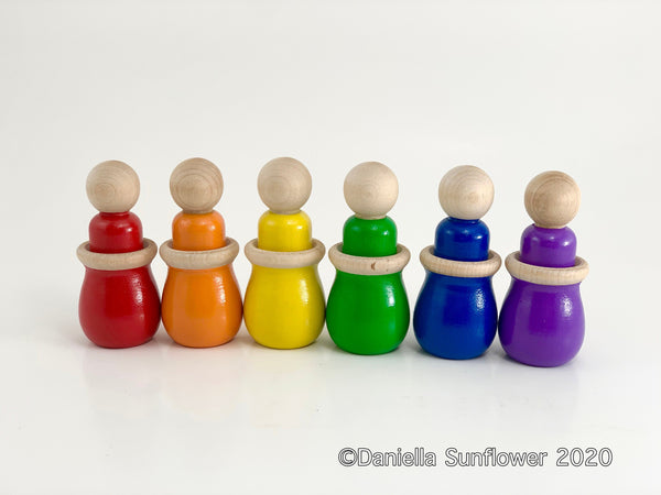 Waldorf/Montessori Inspired Large Colorful Gnomes/Peg Dolls and Bowl Matching Set
