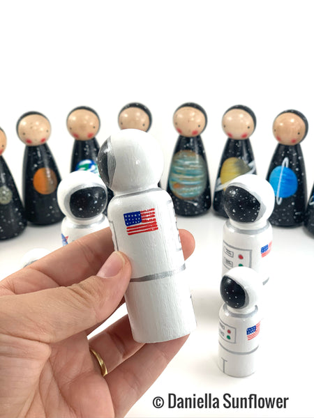Astronaut Wooden Peg Doll, Outer Space Handmade Painted Toy, Space Toys, Gifts for Kids.
