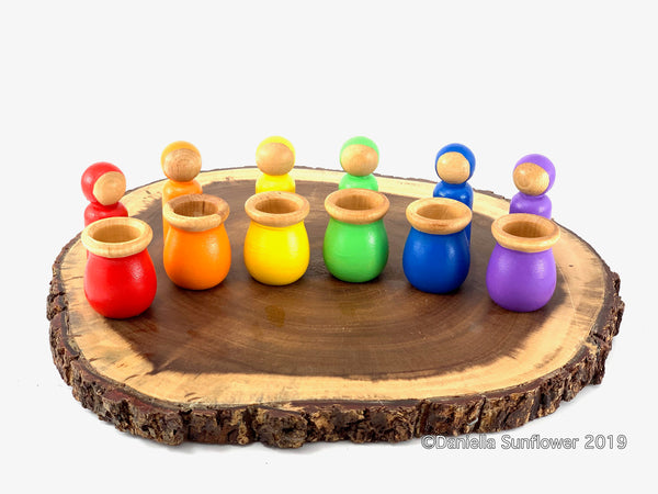 Waldorf and Montessori Inspired Colorful Gnomes/Peg Dolls and Bowl Matching Set
