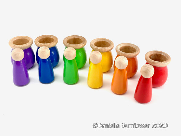 Waldorf and Montessori Inspired Colorful Small Peg Dolls and Bowl Matching Set