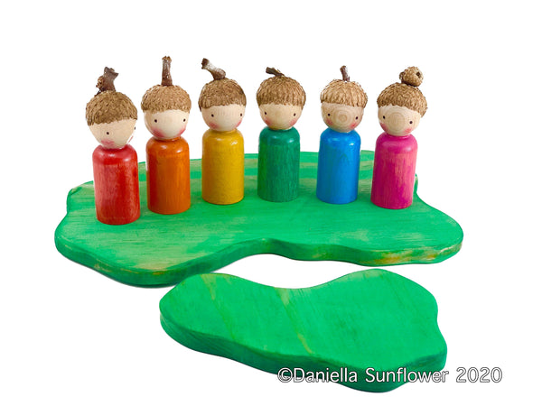 Waldorf and Montessori Inspired Acorn Rainbow Water Color Washed Peg Dolls