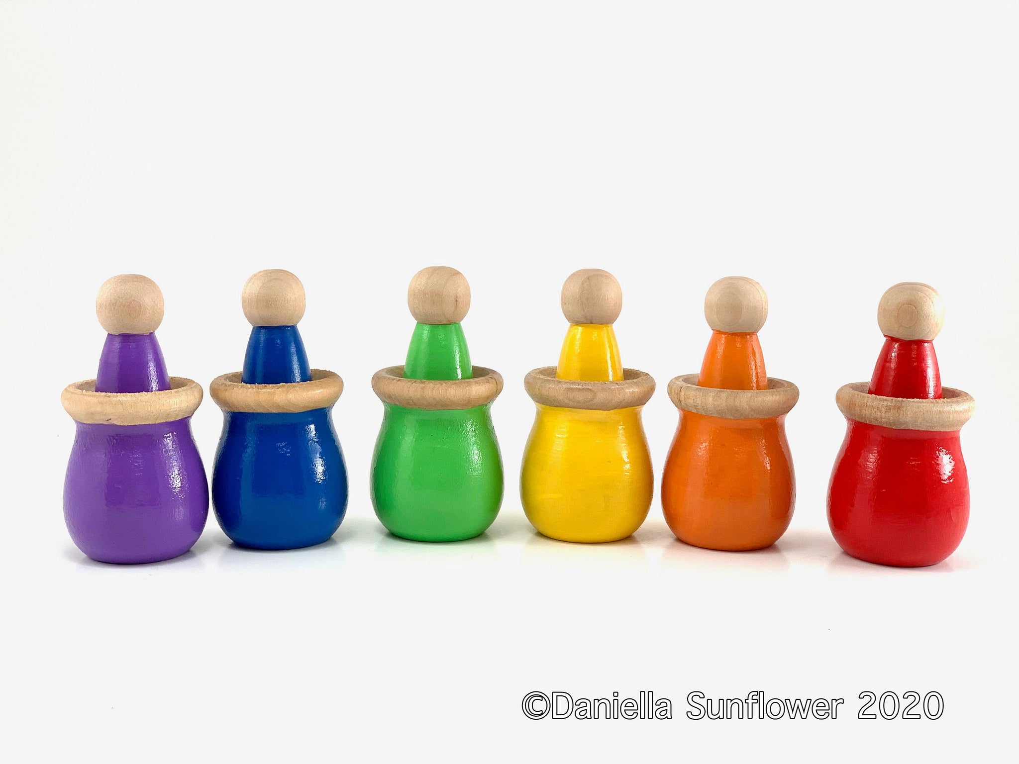 Waldorf and Montessori Inspired Colorful Small Peg Dolls and Bowl Matching Set