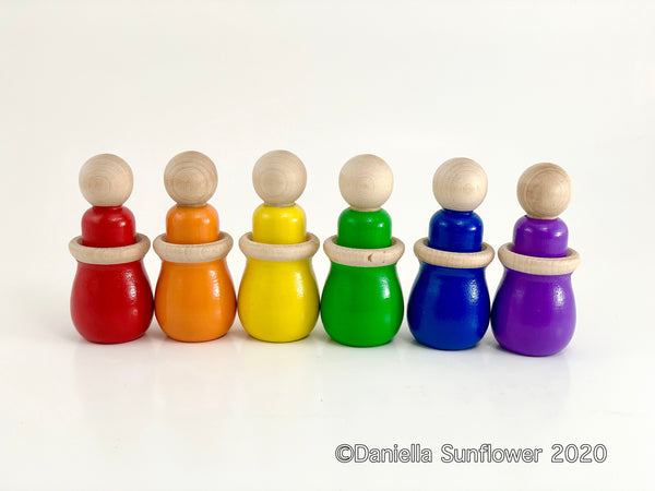 Waldorf/Montessori Inspired Large Colorful Gnomes/Peg Dolls and Bowl Matching Set