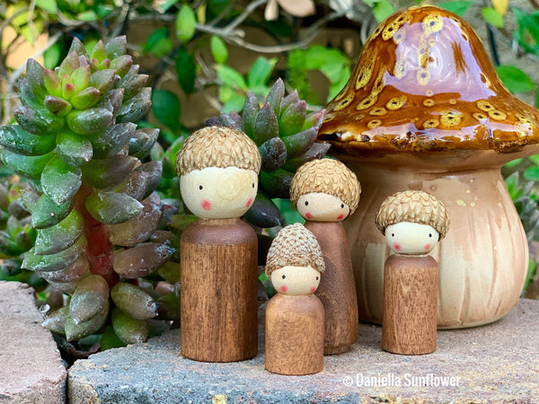 Waldorf/Montessori Inspired Wooden Acorn Family of Gnomes/Peg Dolls Set (Finished with Beeswax)