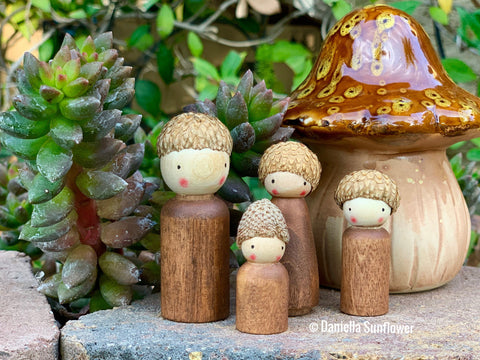 Waldorf/Montessori Inspired Wooden Acorn Family of Gnomes/Peg Dolls Set (Finished with Beeswax)