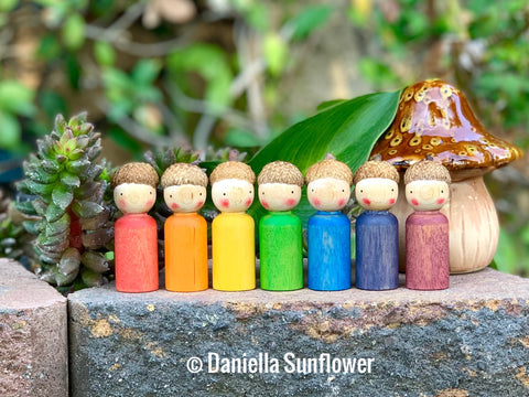 Waldorf/Montessori Inspired Acorn Rainbow Watercolored Wooden Peg Dolls Finished with Beeswax (Set of 7)