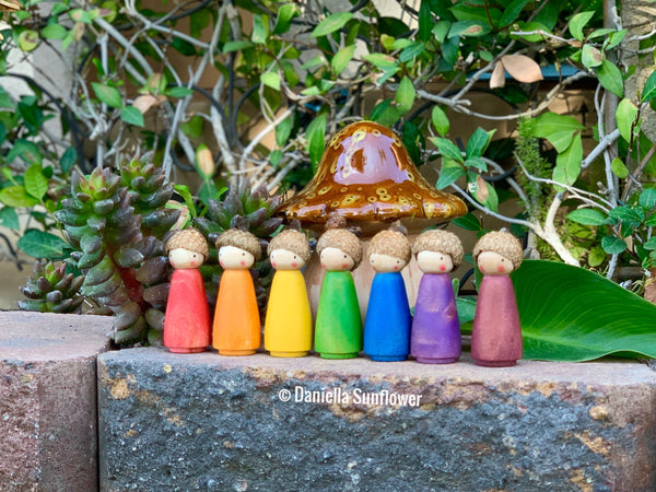 Waldorf/Montessori Inspired Acorn Rainbow Watercolored Wooden Girl Peg Dolls Finished with Beeswax (Set of 7)
