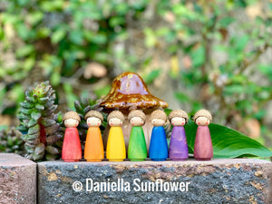 Waldorf/Montessori Inspired Acorn Rainbow Watercolored Wooden Girl Peg Dolls Finished with Beeswax (Set of 7)