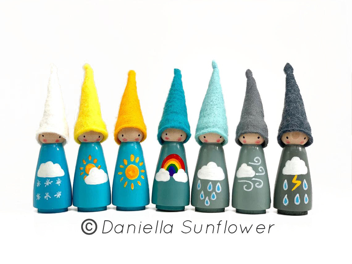 Waldorf/Montessori Inspired Weather Wooden Gnome/Peg Dolls Small Set (Sunny, Cloudy, Lightning Storm, Snowy, Rainy, Rainbow and Windy)