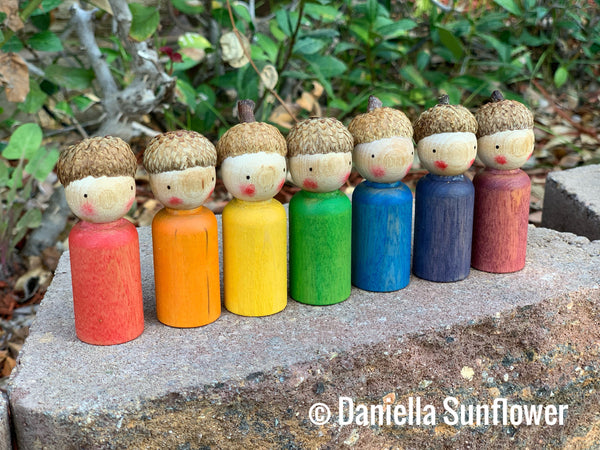 Waldorf/Montessori Inspired Acorn Rainbow Watercolored Wooden Peg Dolls Finished with Beeswax (Set of 7)