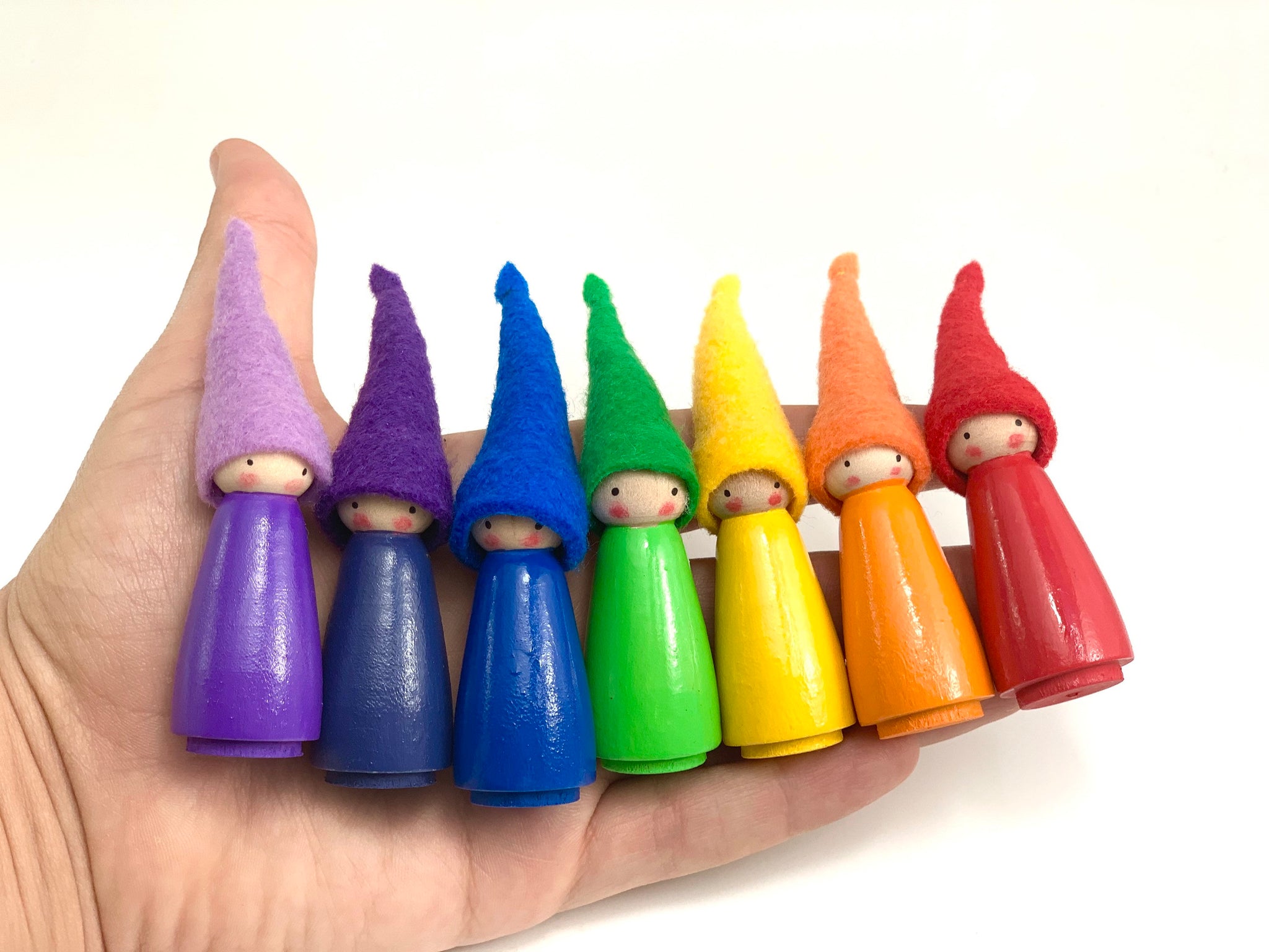 Waldorf and Montessori Inspired Rainbow Gnomes/Peg Dolls (Red, Orange, Yellow, Green, Blue, Indigo, Violet)