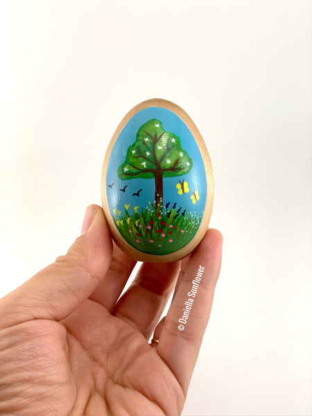 Hand Painted Spring-Themed Wooden Egg, Heirloom Gift, Easter Gift, Natural Simple Gift.
